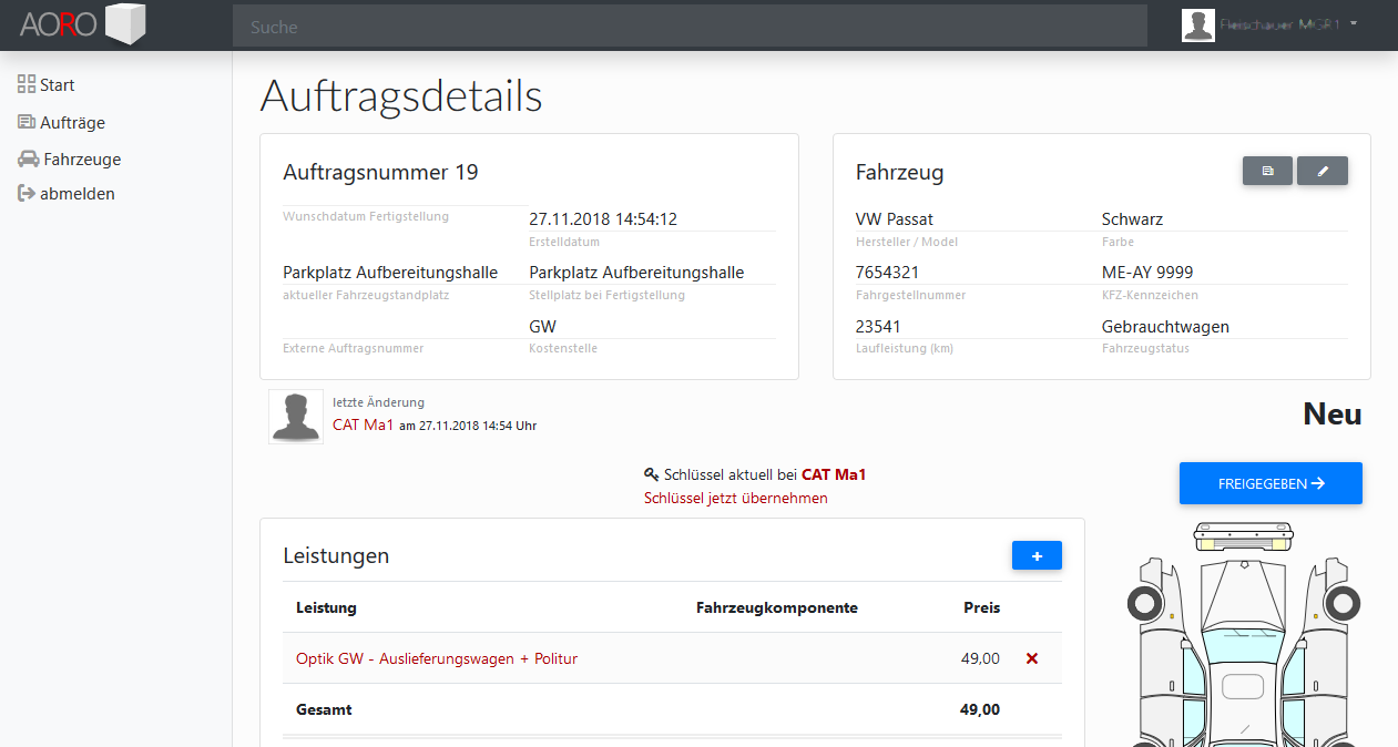 Auftrag anlegen Screenshot